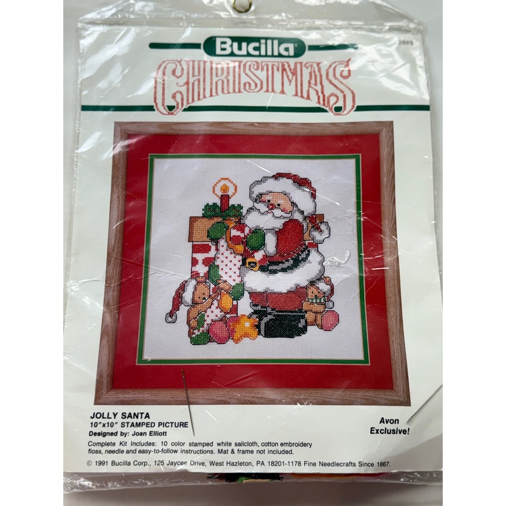 Vintage Bucilla Jolly Santa 10" x 10" Christmas Stamped Cross Stitch Kit